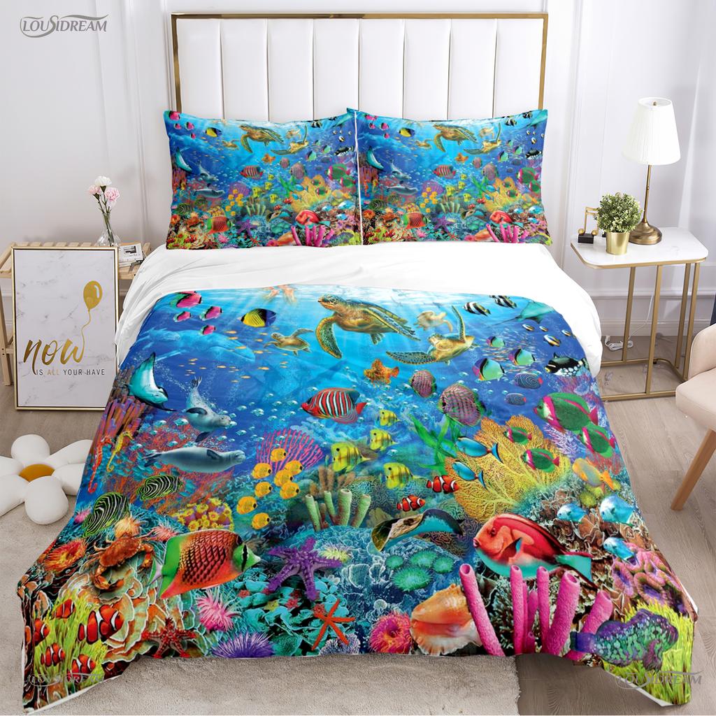 Comforter 3D Ocean World Dolphin Whale Fish Comforter Beding Set Soft And For Single/Double/Queen/King