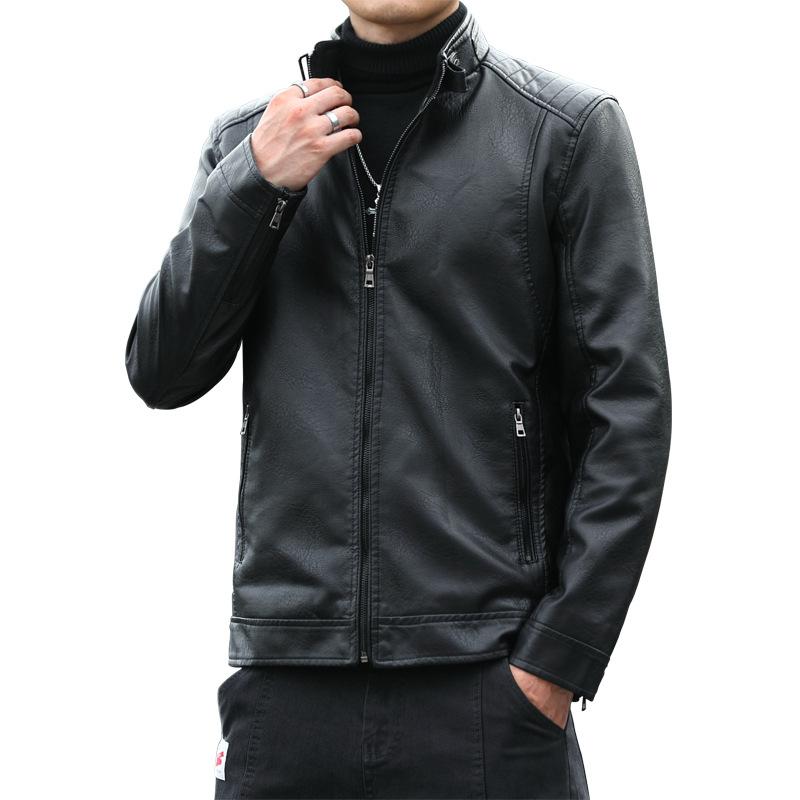 Leather Jacket Men's Trendy Autumn and Winter New Men's Korean Style Slim Stand Collar Casual Jacket Green PU Leather Jacket for Men