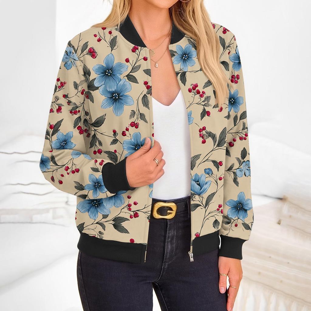 Damenmode Langarm Blumenprint Rundhals Reißverschluss Jacke