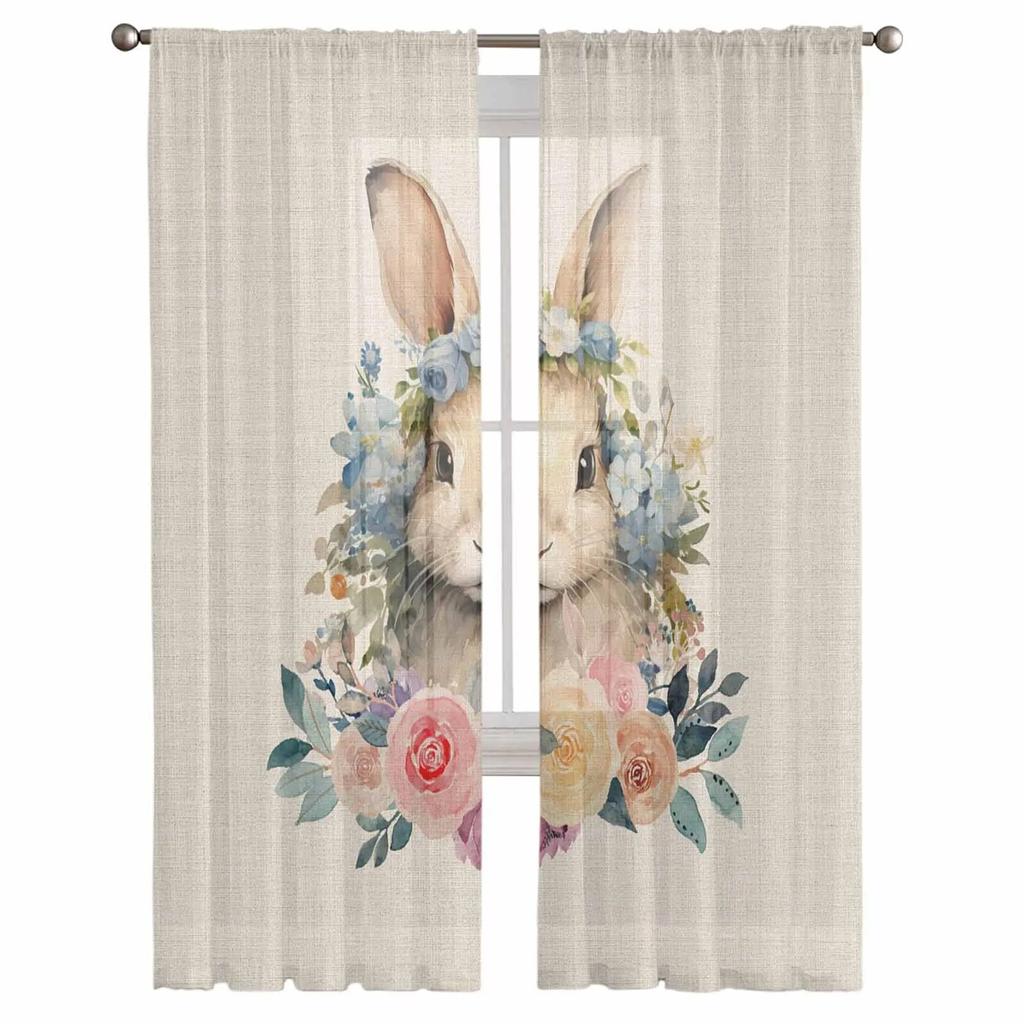 Easter Bunny Flowers Tulle Curtains For Living Room Sheer Curtain For Bedroom Kitchen Blinds Voile Curtains
