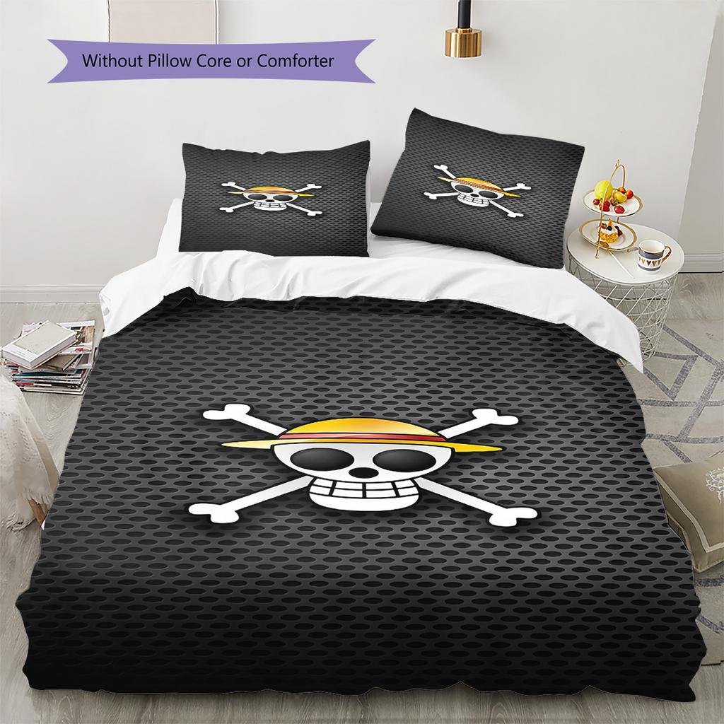One Piece Straw Hat Pirates Pattern Bedding Quilt Set Quilt Cover Pillowcase Home Birthday Gift(1 * Duvet Cover + 2 * Pillowcase, Without Core)