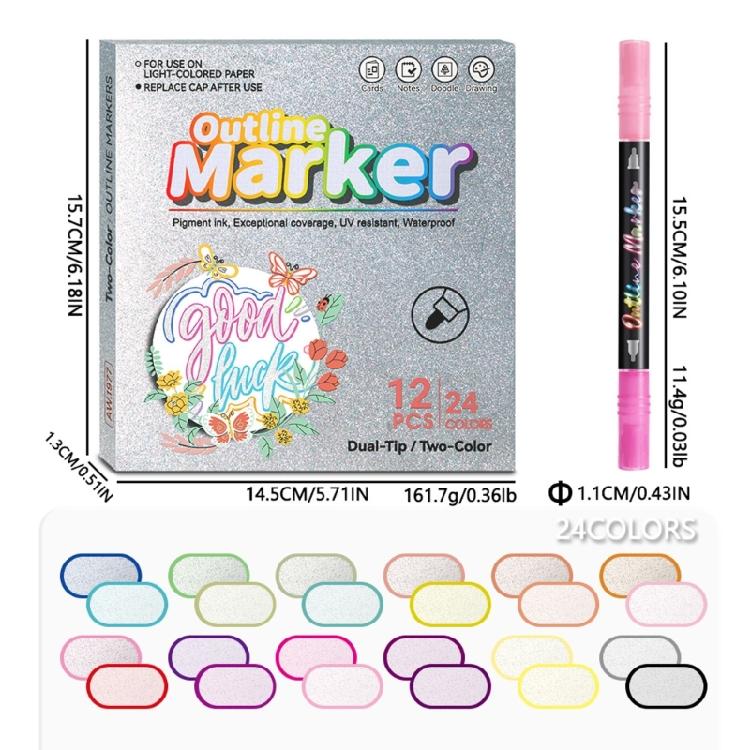 Outline Pen Set, 12Pcs Metallic Outline Marker Pens Gifts Card Writing Double Line Outline Pens Metallic Paint Markers