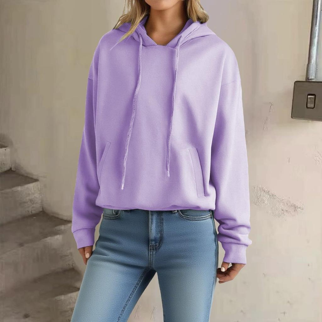 Women's Loose Long Sleeved Pullover With Drawstring And Pocket Hooded Solid Color Hoodie
