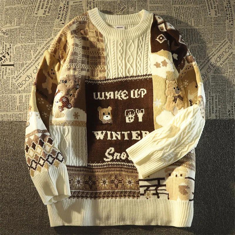 

Autumn and Winter Christmas New Cute Sweater Color Block Design Long Sleeve Retro Harajuku Street Fashion Couple Loose Pullover XXL хакі