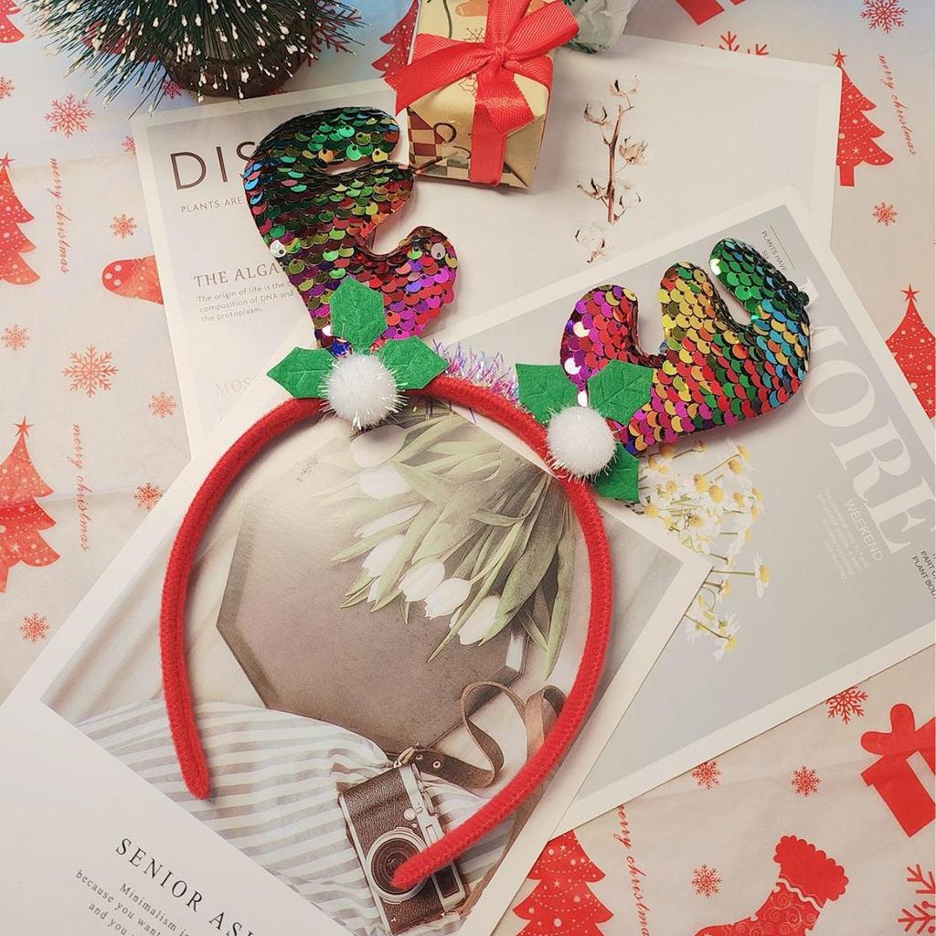 Handmade High-End Christmas Reindeer Antler Sequin Headband and Santa Hat - Cute Festive Hair Accessories