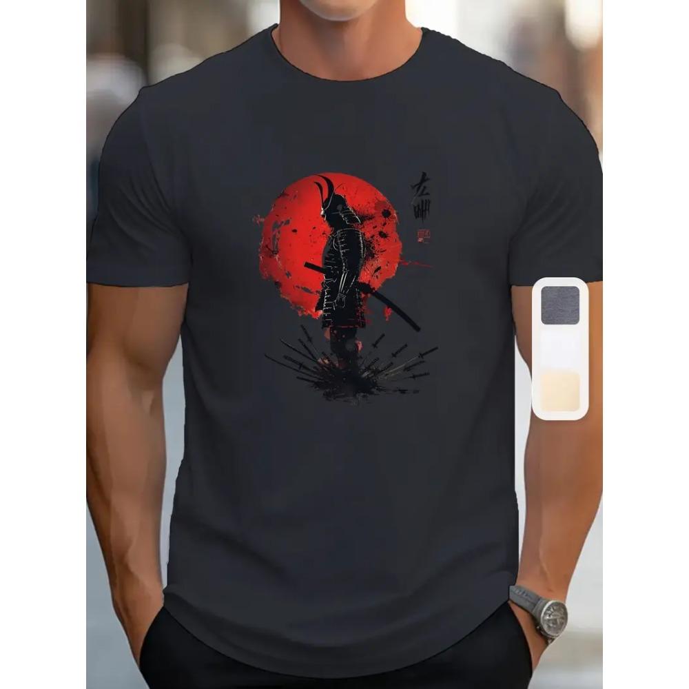 Samurai Men's T-shirt Soldier Print O Neck Short Sleeve Casual Anime Pullover Streetwear Outdoor Male Tee Top Oversized Clothing
