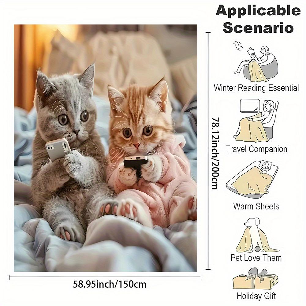 Contemporary Cartoon Cat Print Digital Flannel Throw Blanket - Polyester, Non-Woven, Reversible, All-Season, Soft, High-Density, No Pilling,