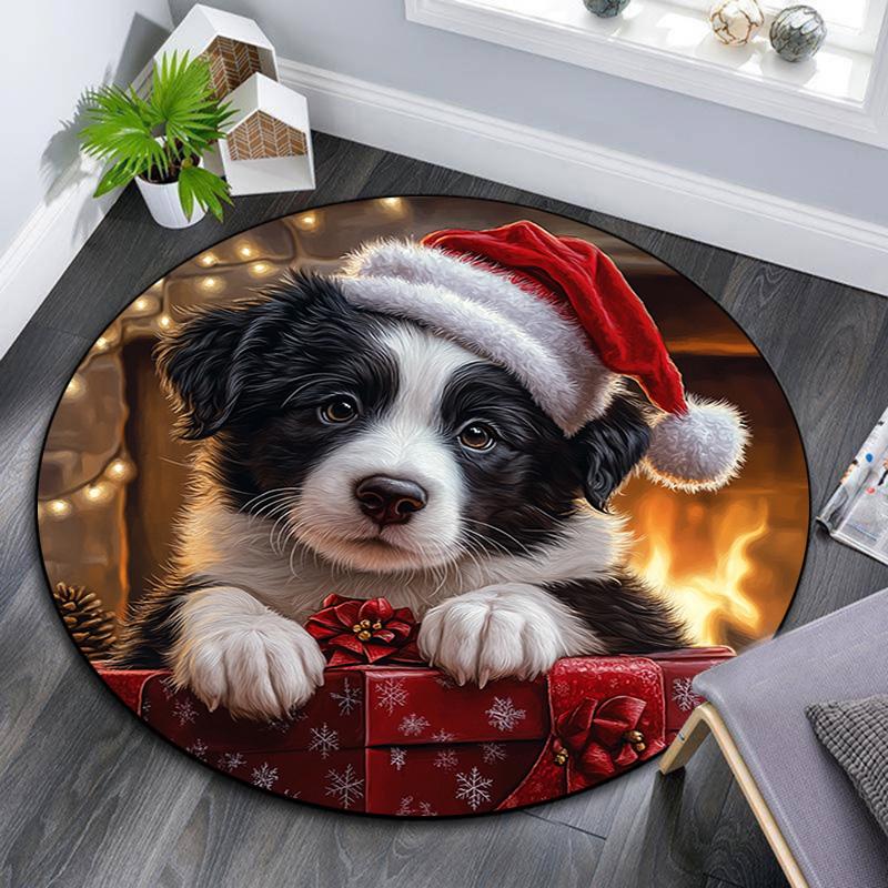 

Puppy in Santa Hat Round Area Rug,Carpet Rug for Living Room Bedroom Sofa Playroom Decor,Non-slip Floor Mat 80cmx80cm