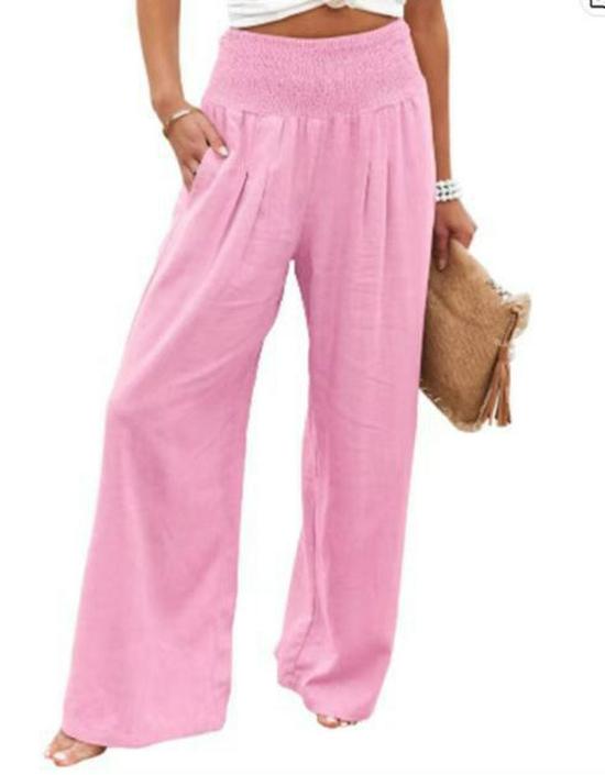 Women's Spring/Summer 2025 Cotton Linen Wide-Leg Pants - Solid Color, Elastic Waist, Casual Long Fit