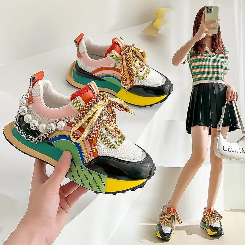New Lace Up Iridescent Pearl Chain Decorative Women's Vulcanized Shoes Women's Platform Sneakers Zapatos De Mujer Women Shoes