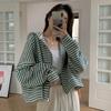 2023 Petite Hooded Ruffle Stripe Zip Cardigan for Spring/Autumn