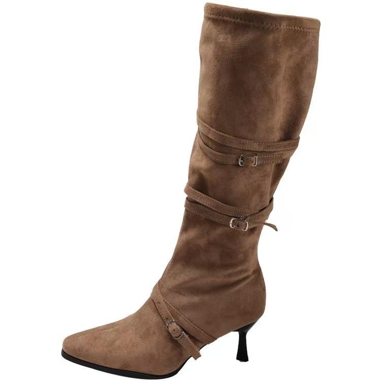 

Belt Buckle Stiletto Heel Tall Boots Fashion Pointed Toe Scrub Side Zipper Non-Slip Temperament Pumps 35 хаки
