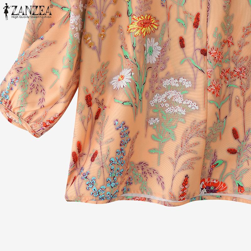 ZANZEA Women Casual Round Neck 3/4 Sleeve Loose Print Blouse