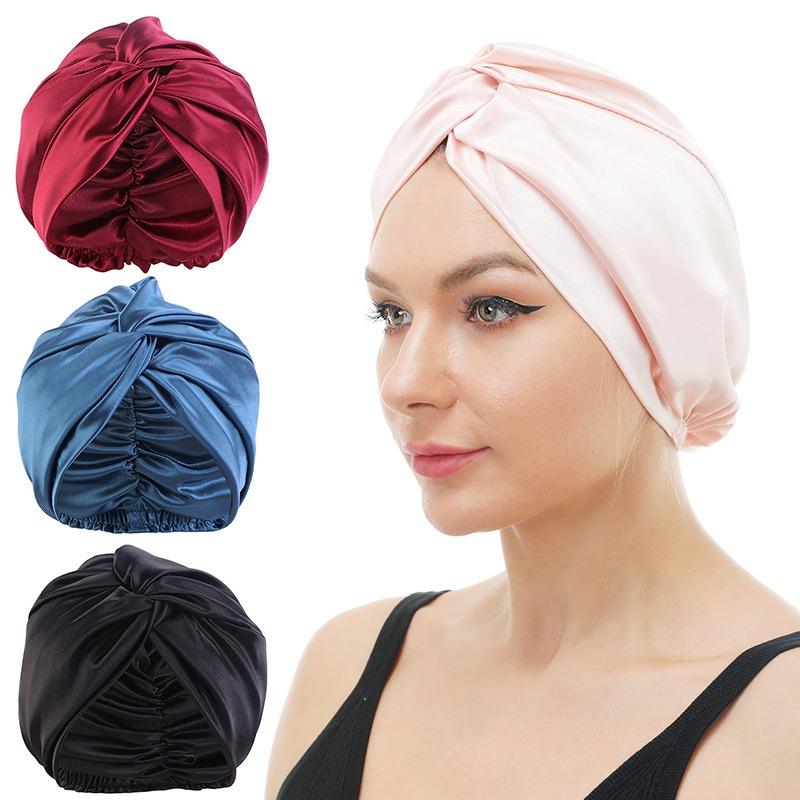 Popular imitation silk double-layer nightcap, cross-twisted cap, shower cap, beauty and makeup hat TJM