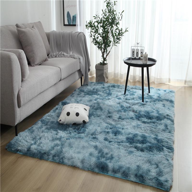 Silk and Wool Tie-Dye Plush Long-Pile Rug for Bedroom and Living Room