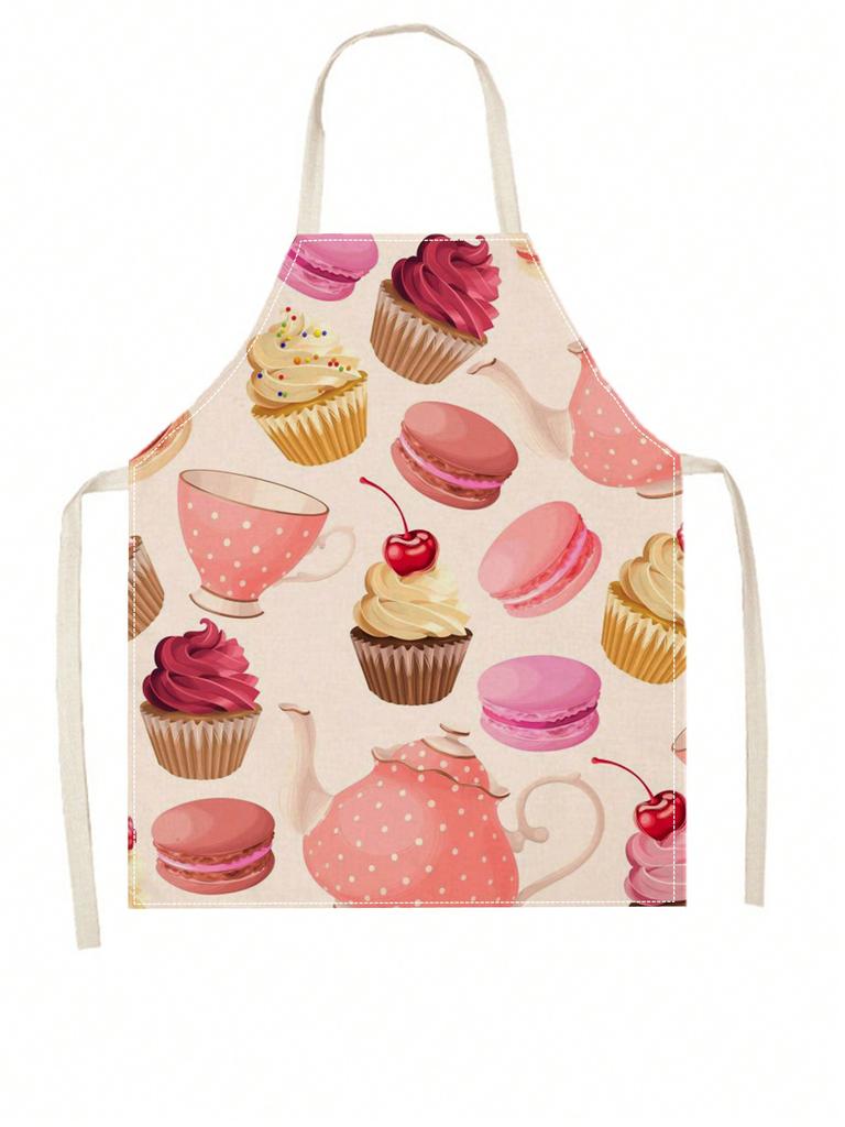 1pc Cupcake Macaron Tea Time Print Apron Polyester Kitchen Apron For Cooking Baking Home Use
