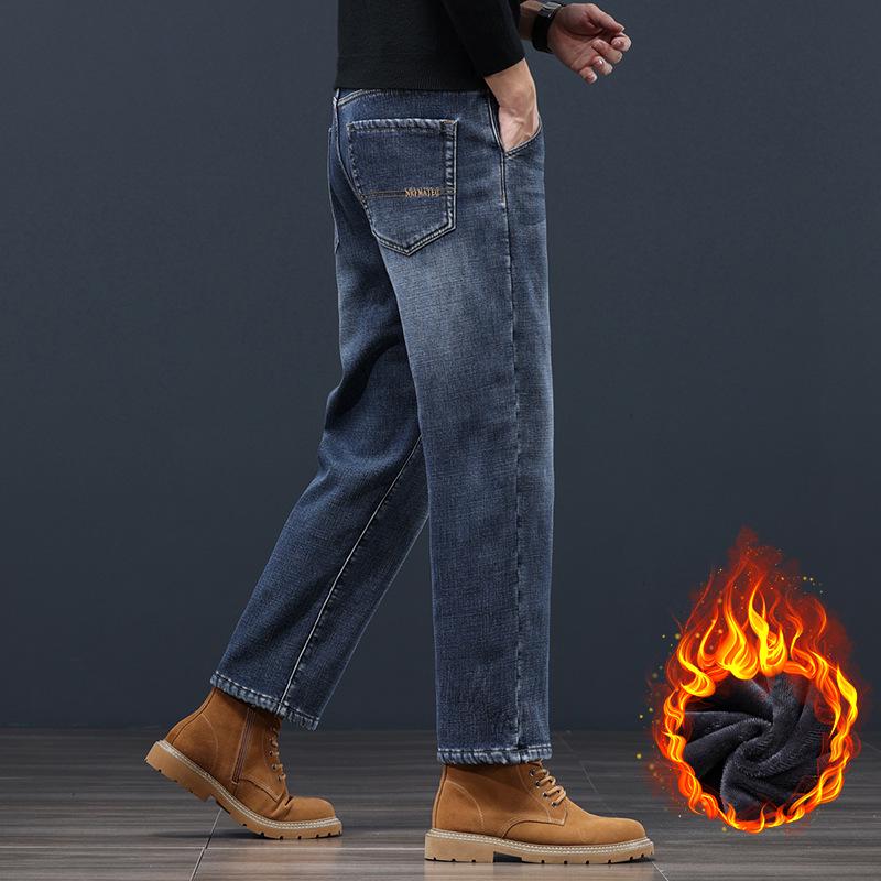 Men's Plus Velvet Loose-Fit Straight Jeans with Oblique Pockets - Versatile Autumn/Winter Nine-Point Pants (Large Size Available)