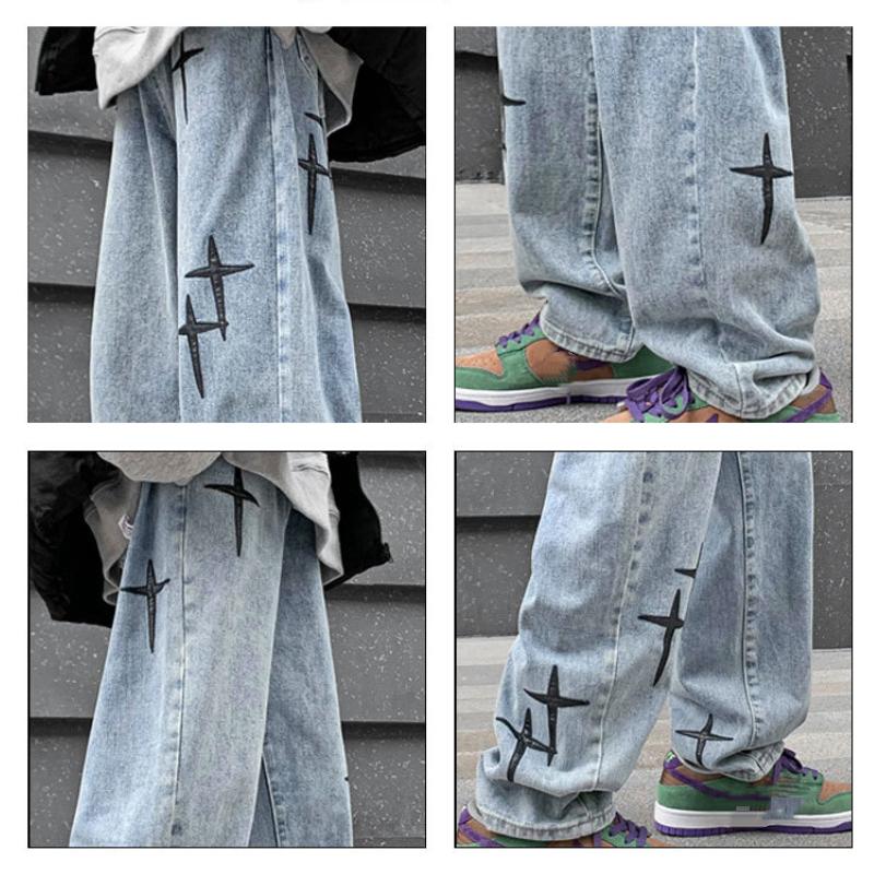 Jaro a Podzim Nové Trendy High Street Křížová Nášivka Vyšívané Volné Džíny Hip-hop Rovné Ležérní Kalhoty Pánské Velká Velikost