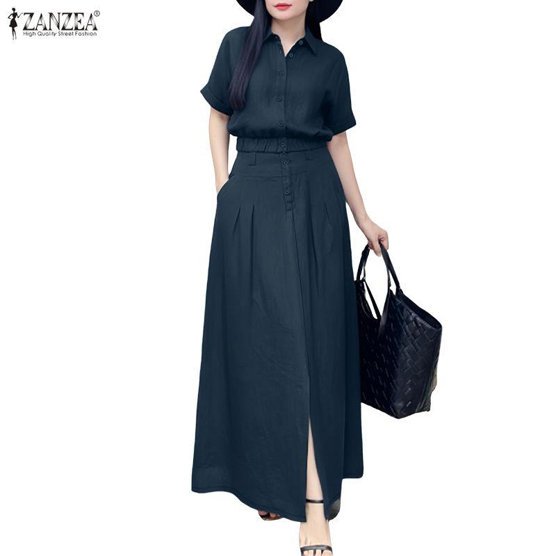 ZANZEA Seturi de vară din două piese pentru femei, bluză cu mânecă scurtă și fustă lungă