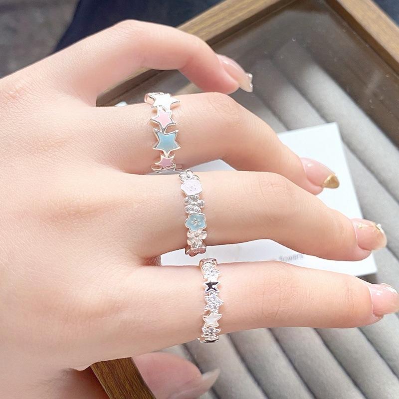 Dopamine Dripping Oil Opening Flower Star Ring Female Niche High Sense Index Finger Ring Folding Wearing Light Luxury Ring