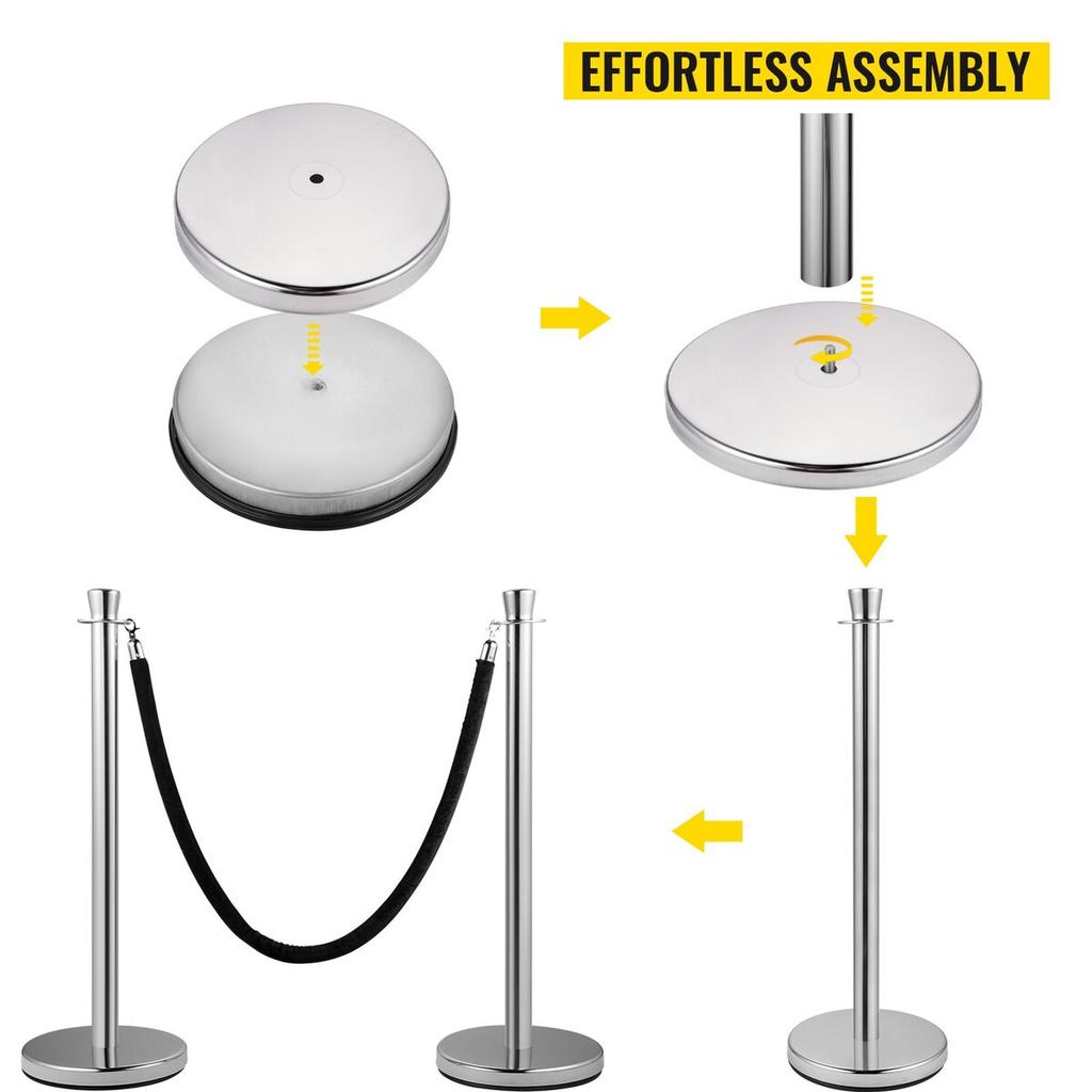 Crowd Control Stanchion, Set of 2 Pieces Stanchion Set, Stanchion Set with 5 ft/1.5 m Black Velvet Rope, Silver Crowd Control Barrier with Sturdy
