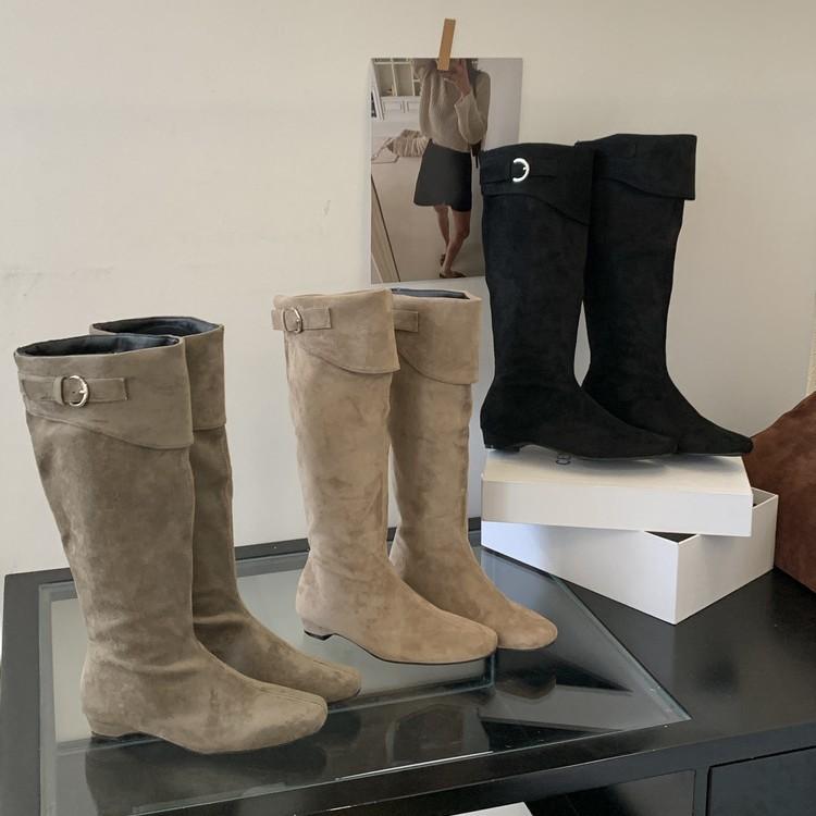 2025 new retro suede square head thick heel medium heel boots women but knee high and thin two wear stacked boots