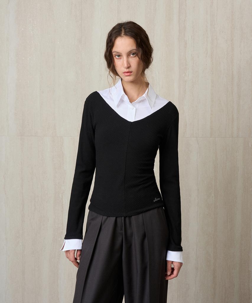 RE RHEE Shirt Collar Ribbed Knit Top Black