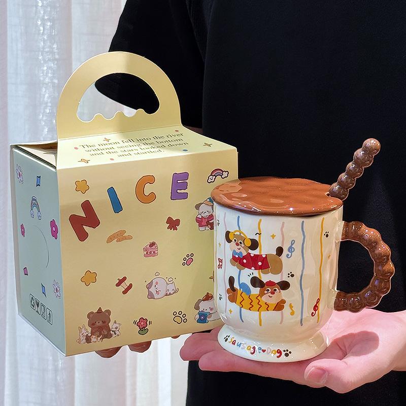 Dachshund Dog Ceramic Mug with Lid Spoon High Looking Office Household Drinking Water Couple Water Cup Girl Birthday Gift