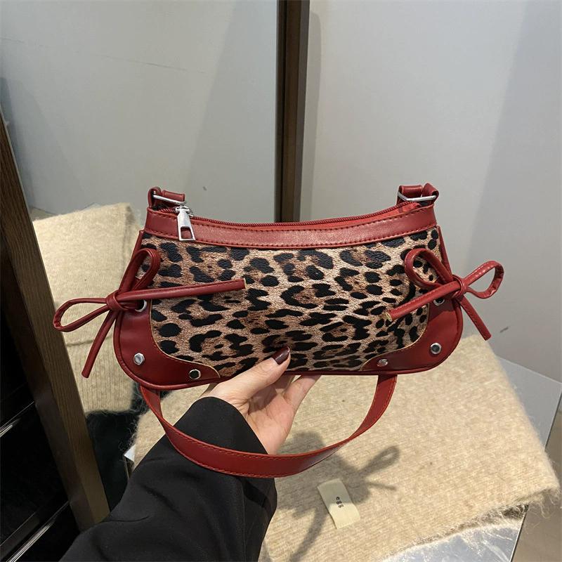 Women's Splicing Leopard Pattern Retro Bow Crossbody Bag New Trendy Fashion PU Leather Single Shoulder Underarm Small Square Bag