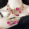 Floral Necklace Earring Set With Colorful Crystal Pendant Women Zinc Alloy Chain Jewelry Wedding Evening Dress