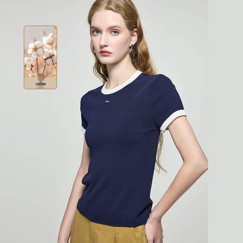 Wudao Women s Slim-Fit Cotton-Blend Contrast Collar T-Shirt M
