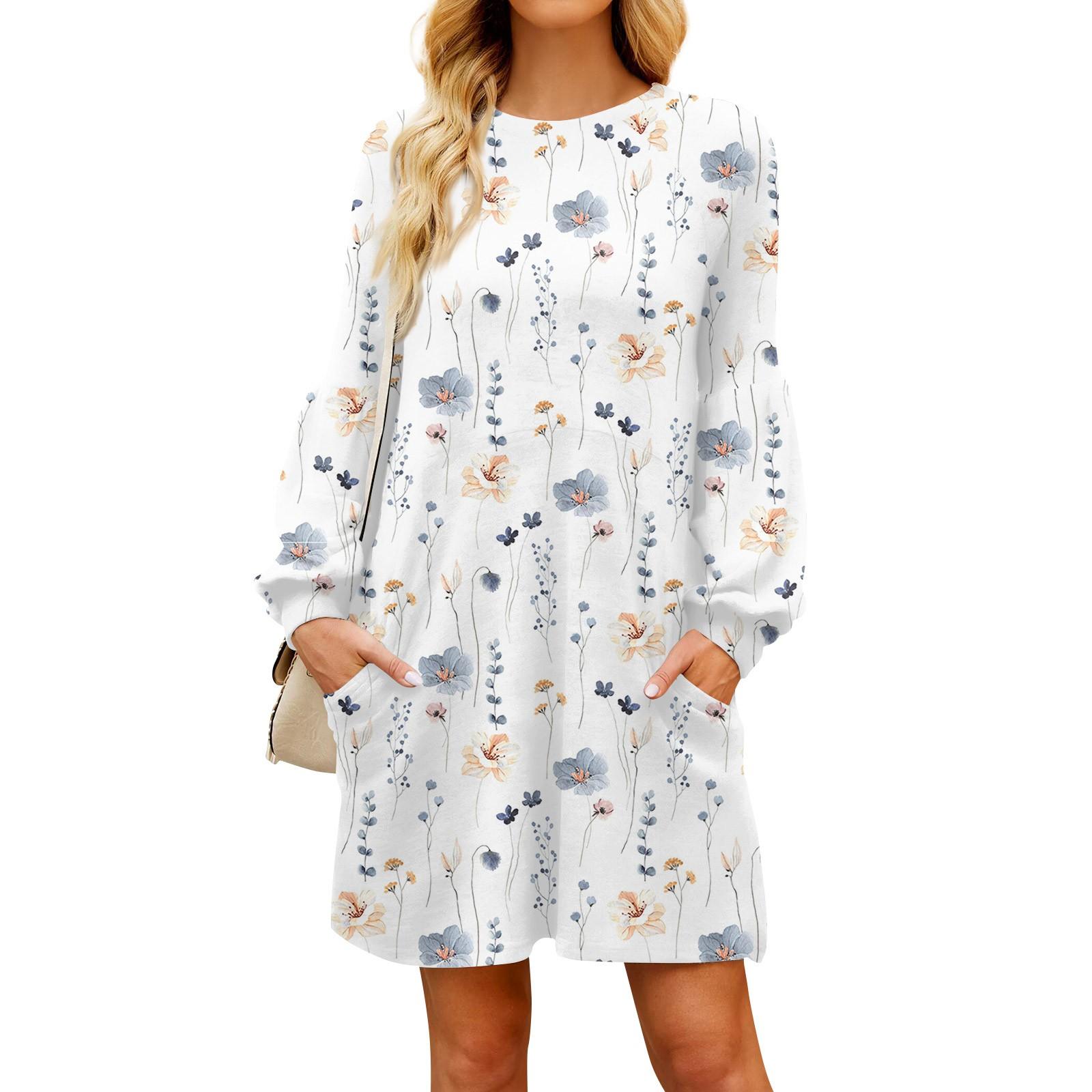 

Модное женское осеннее повседневное свободное платье с длинным рукавом и принтом дефолиации S белый