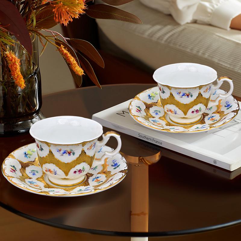 Karosa European Relief Gold Coffee Cup Set - Luxury Gold-Trimmed High-Temperature Bone China Cups & Saucers in Gift Box