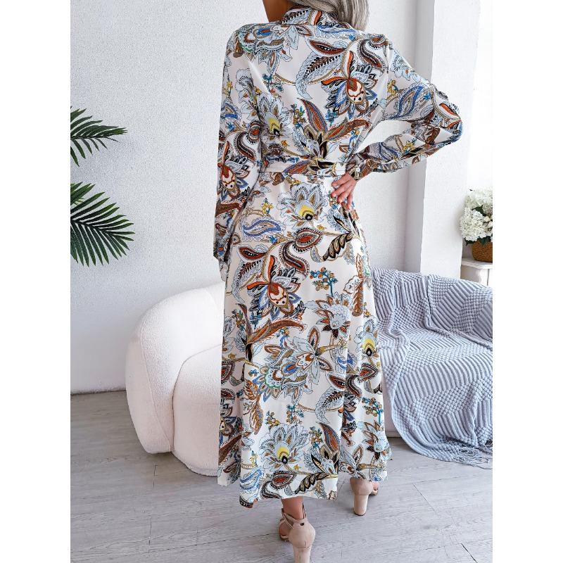 Women's Long Dress Summer Long Sleeve Vintage Floral Lapel Tied Shirt Dress Women Fashion Single Breasted Loose Casual Office Ladies Dresses