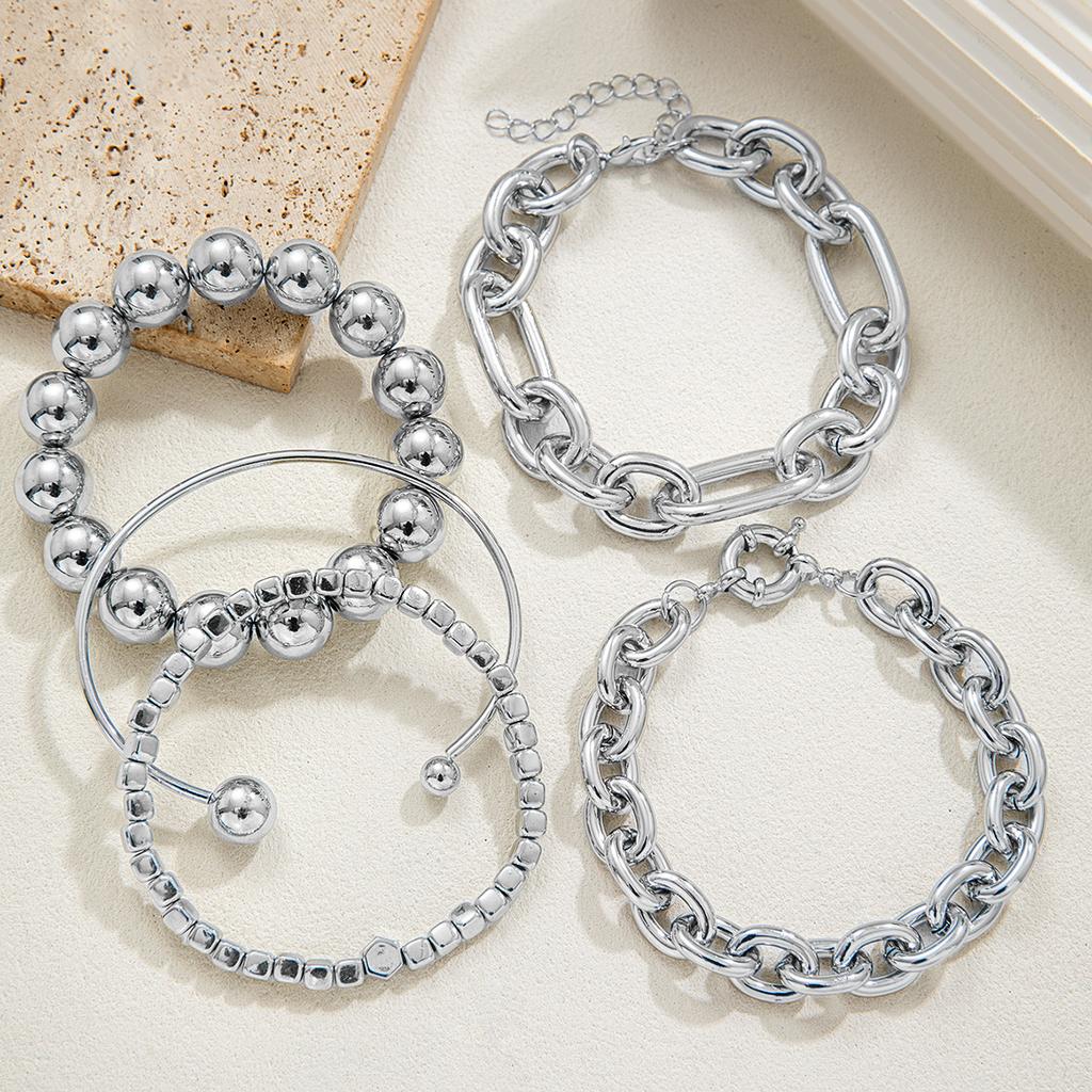 5-piece Punk Style CCB Round Beaded Bracelet Multi-Layer Stackable Chain Design Open Women's Wristlet