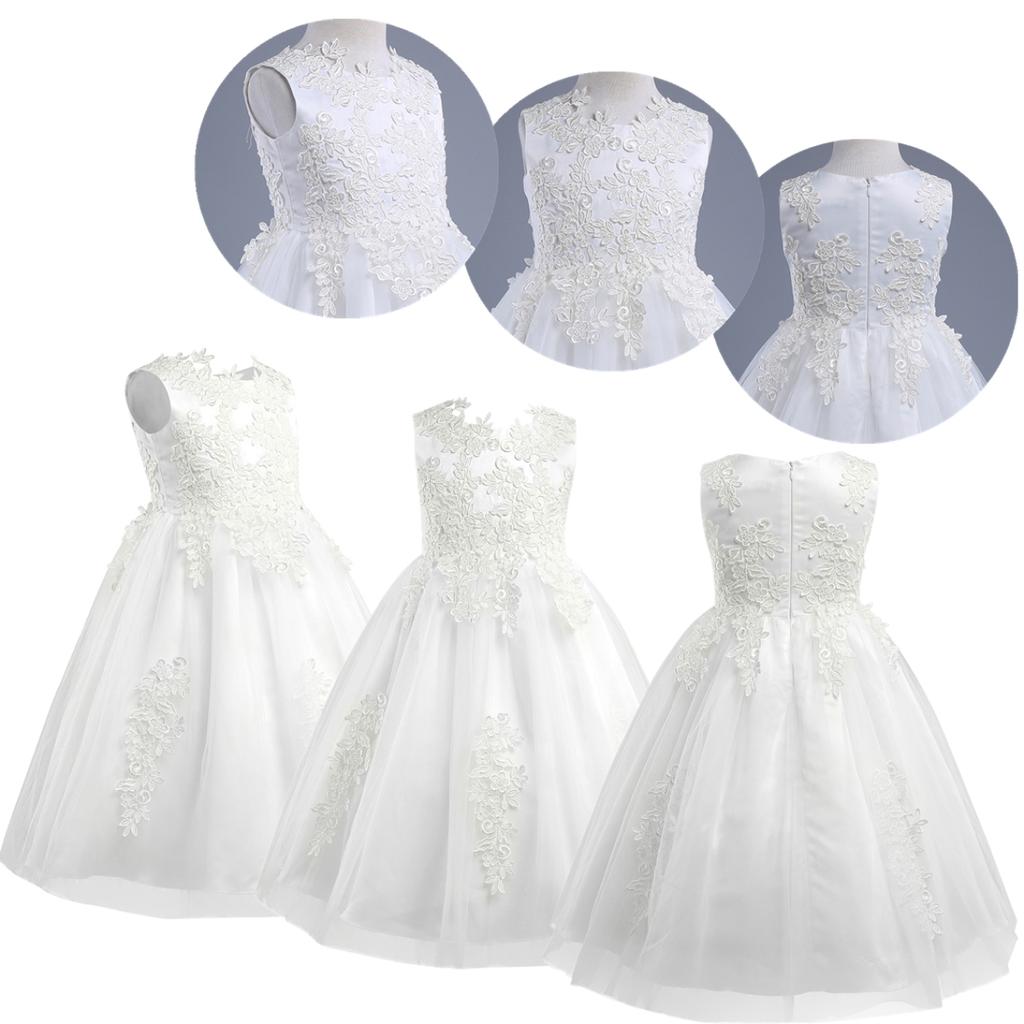 Kids Flower Girls Wedding Dress Sleeveless Water-Soluble Lace Dress Bridesmaid Wedding Pageant Ball Gown