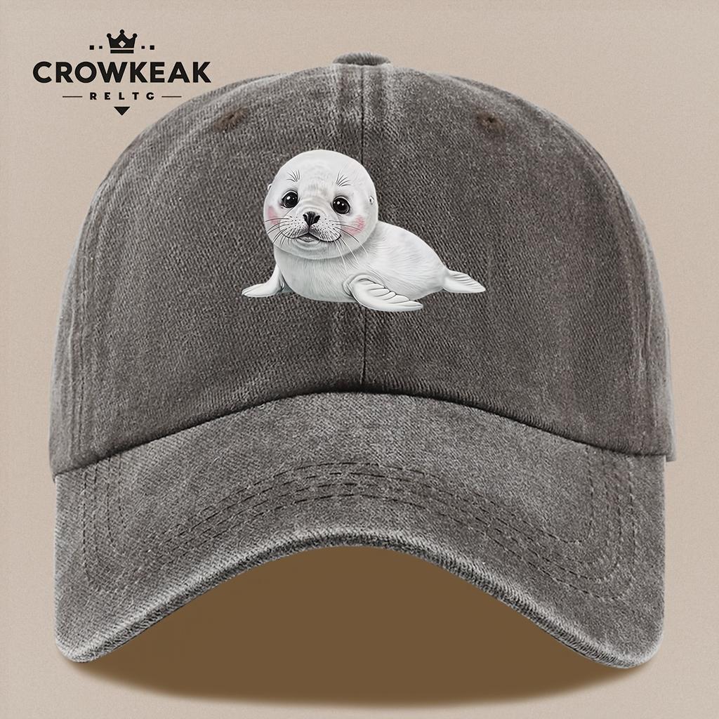 Pc Niedliches Cartoon-Robbenmuster-Design Gedruckte Baseballkappe Schwarz Papa Trucker-Hut Atmungsaktiv Bequem Einfarbig Einfach Retro S