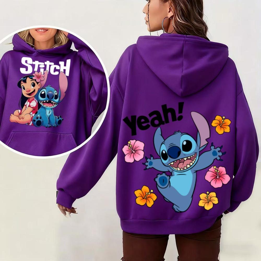 Dámská mikina s kapucí Lilo & Stitch Podzim Zima Teplý top s roztomilými kreslenými květinovými potisky pro módní pouliční ležérní top