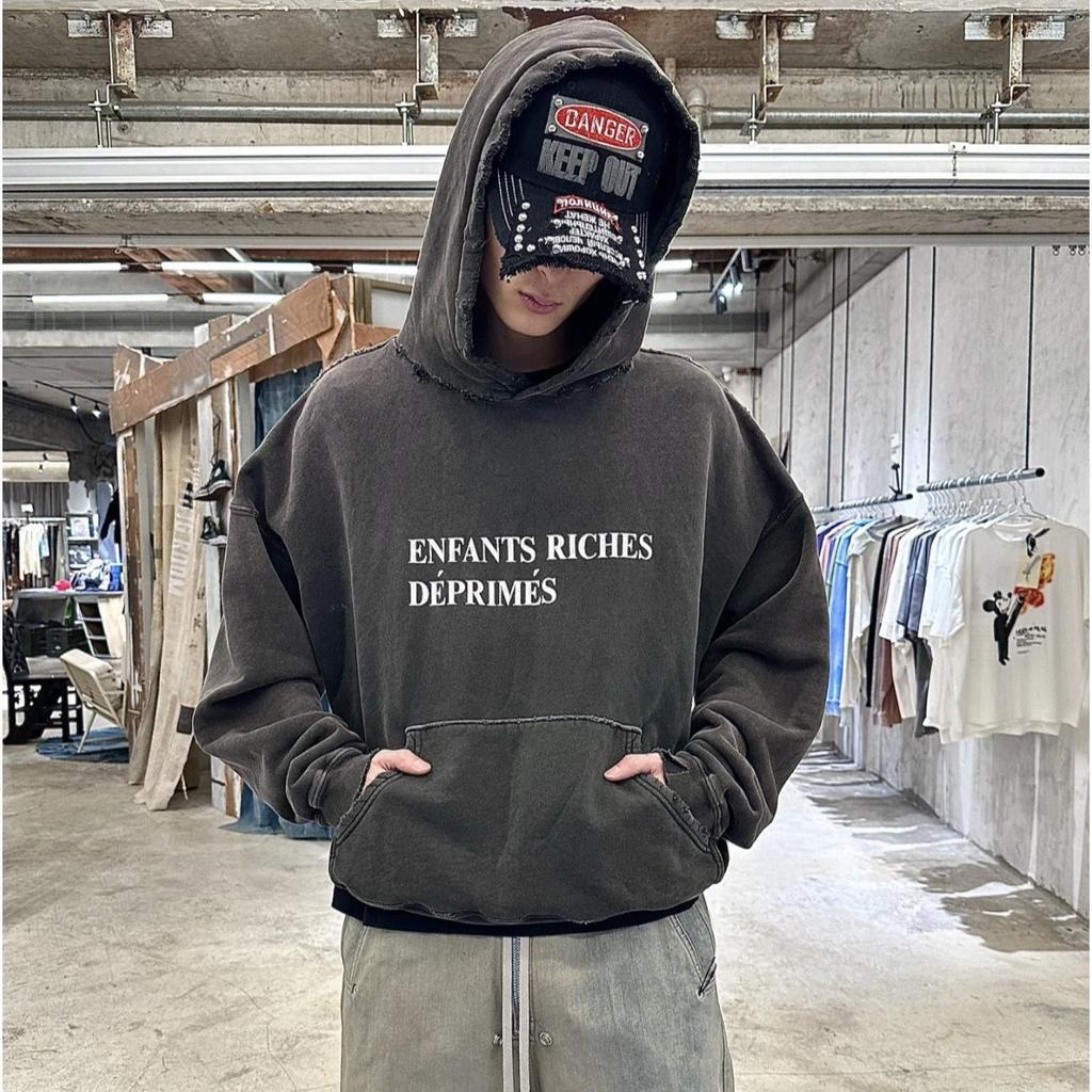ERD Distressed Second Gen Letter Print Hooded Sweatshirt