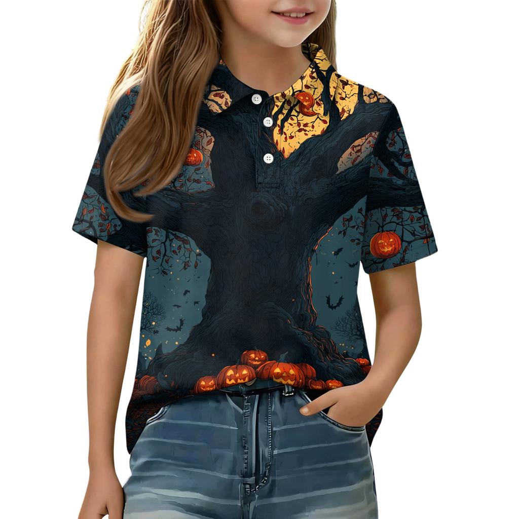 Kids Halloween Print Polo Shirt Short Sleeve Casual Tee Top with Button Collar for Boys Girls Comfortable Fit