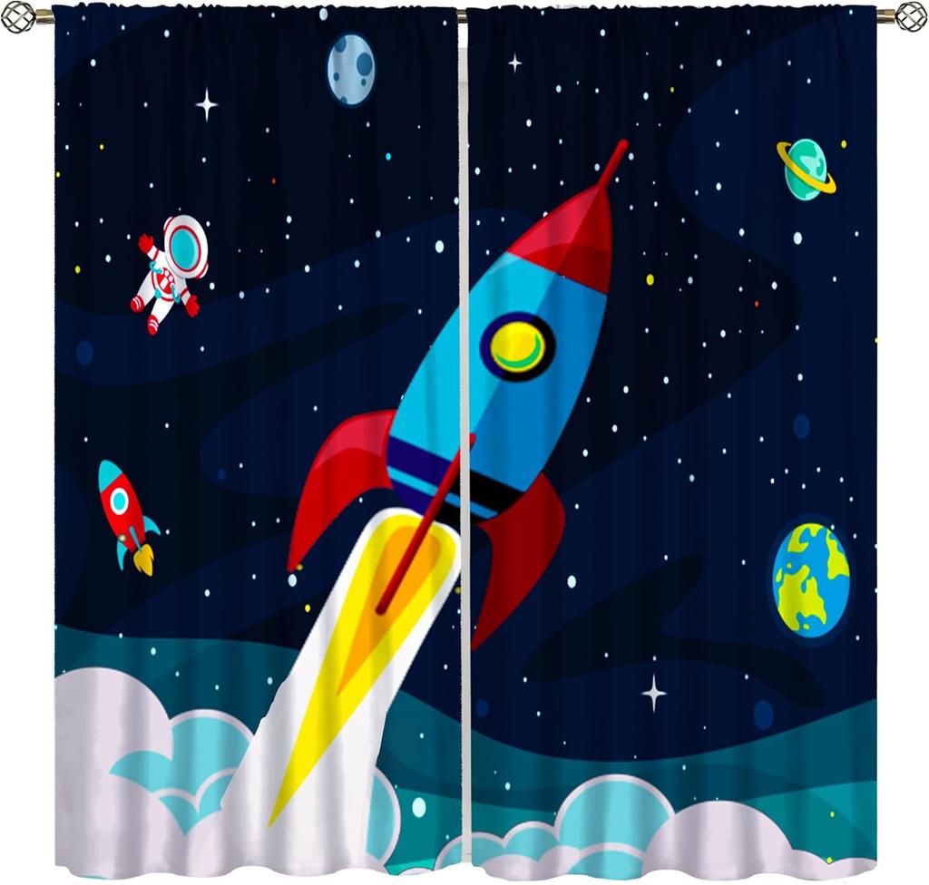 Space Astronaut Curtain,Cartoon Solar System Universe Rocket Spaceship Planet Earth Stars Window Treatments Drapes for Kids Boys