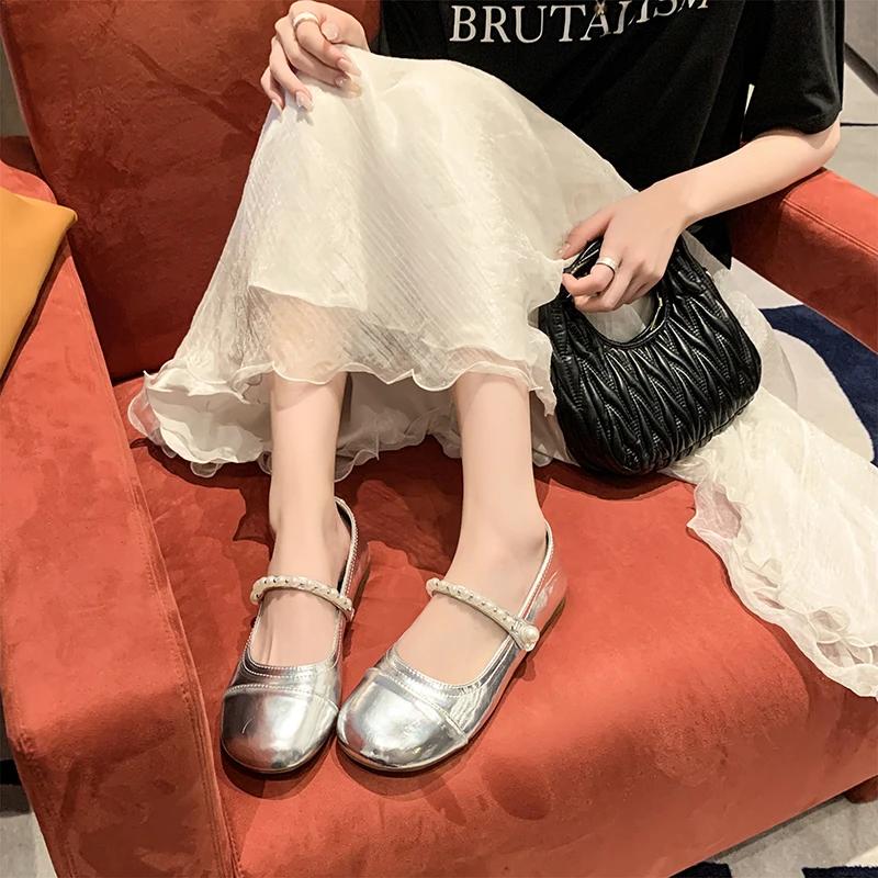 

Модная летняя обувь, женские оксфорды, женская обувь, жемчужное украшение, мелкий носок, повседневные кроссовки 2024, удобные, ле 40 серебряный