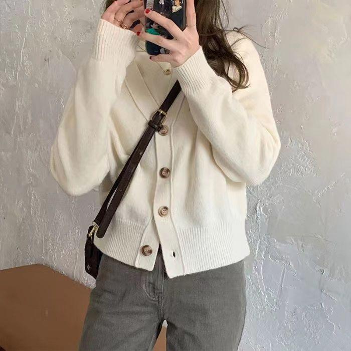 Pulover cardigan cu decolteu în V casual și versatil toamnă și iarnă casual cu gât în ​​V cu mânecă lungă pulover tricotat solid top feminin