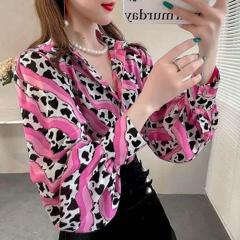 Retro Women's Printed Shirt Slim-fit Lantern Sleeve Floral Shirt Collared Chiffon Shirt Spring