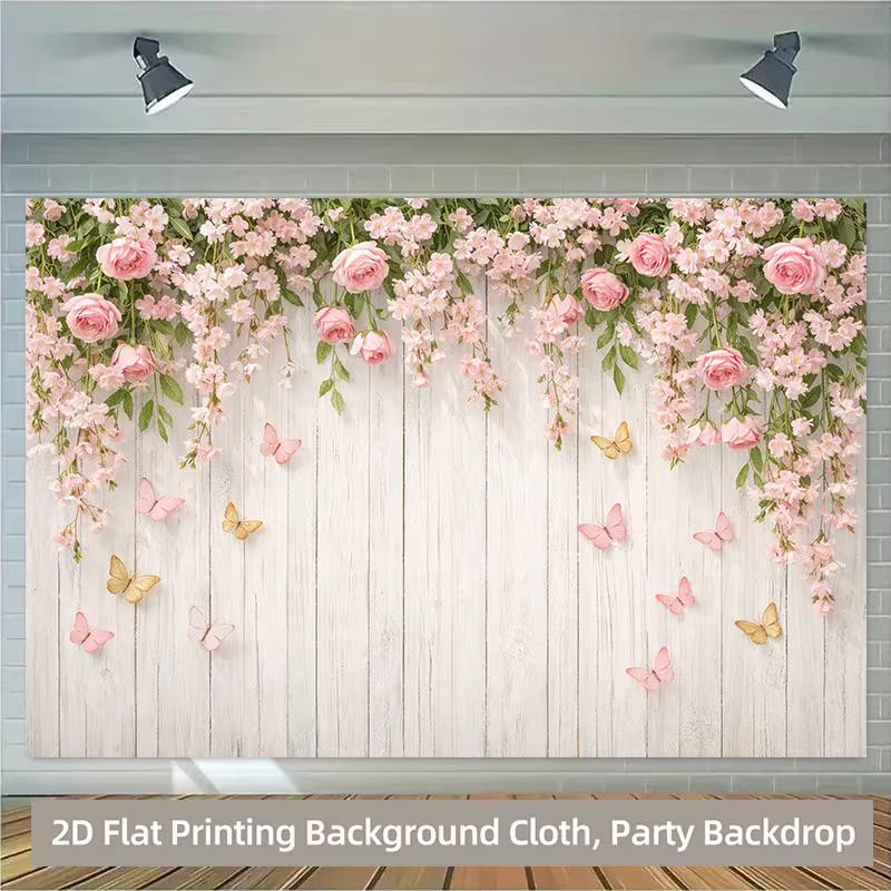 

2D Flat Printing White Wood Plank Background Cloth with Pink Flowers for Birthday Party Photoshoot 47.2x31.5inch/120*80cm