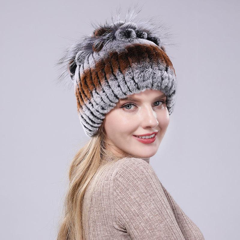 New Rex Rabbit Hair Hat Women's Winter Thickened Warm Fashion Versatile Elastic Fur Woven Hand-sewn Knitted Hat