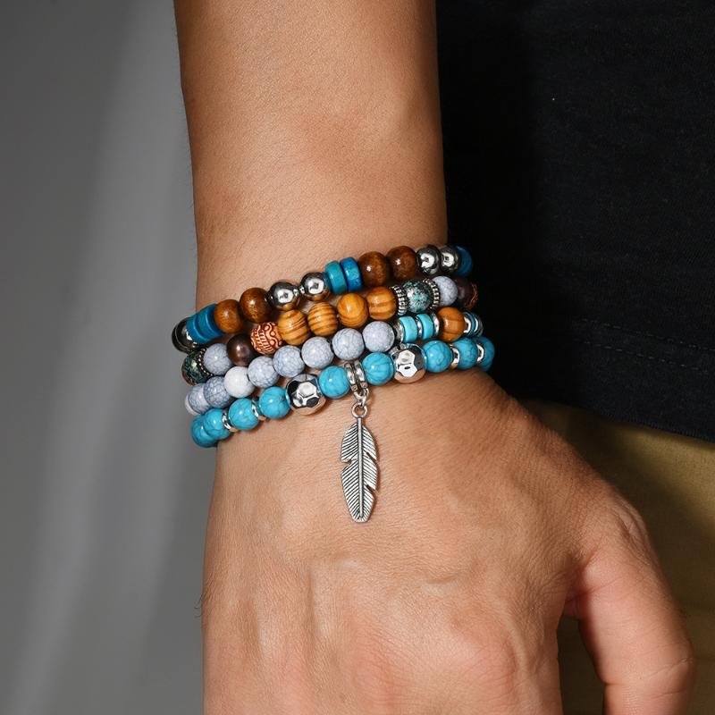 

4 шт./комплект Бохо Винтаж Многослойные Браслеты с Бусинами Для Мужчин Бирюзовые Этнические Браслеты из Натуральных Камней с Листьями Подарки Для Друзей 4PCS