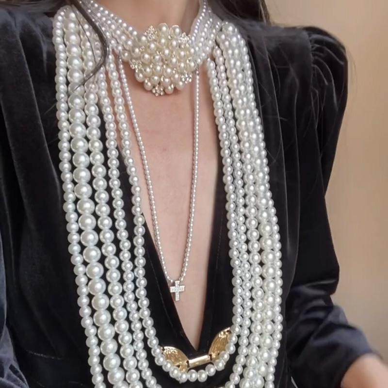 European and American diamond-set geometric multi-layer pearl necklace women's exaggerated sweater chain necklace