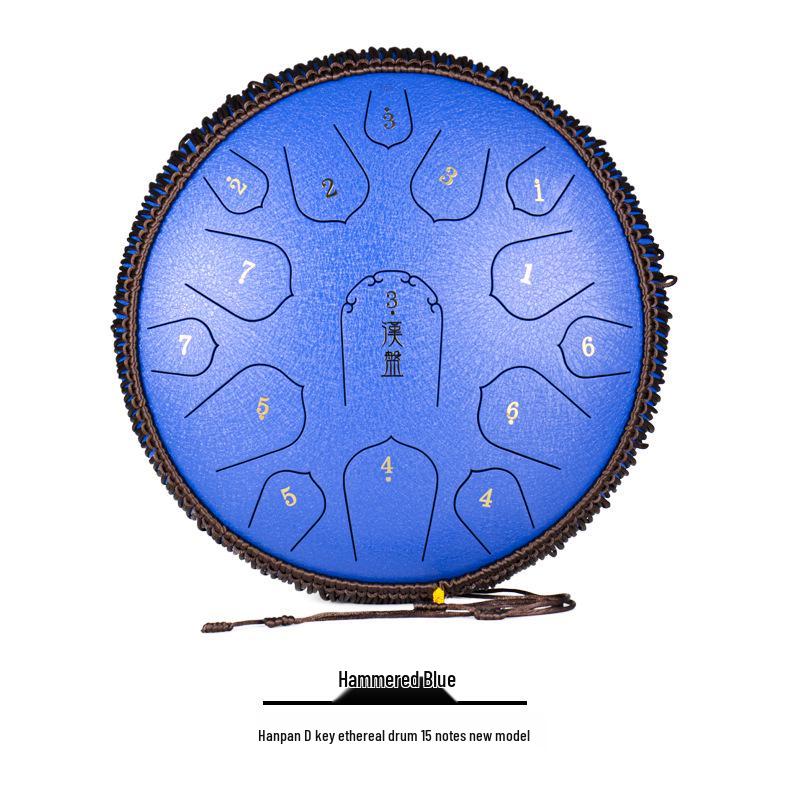 15-Note D Key Handpan Steel Tongue Drum, 14-inch, with Colorful Empty Sanskrit Design