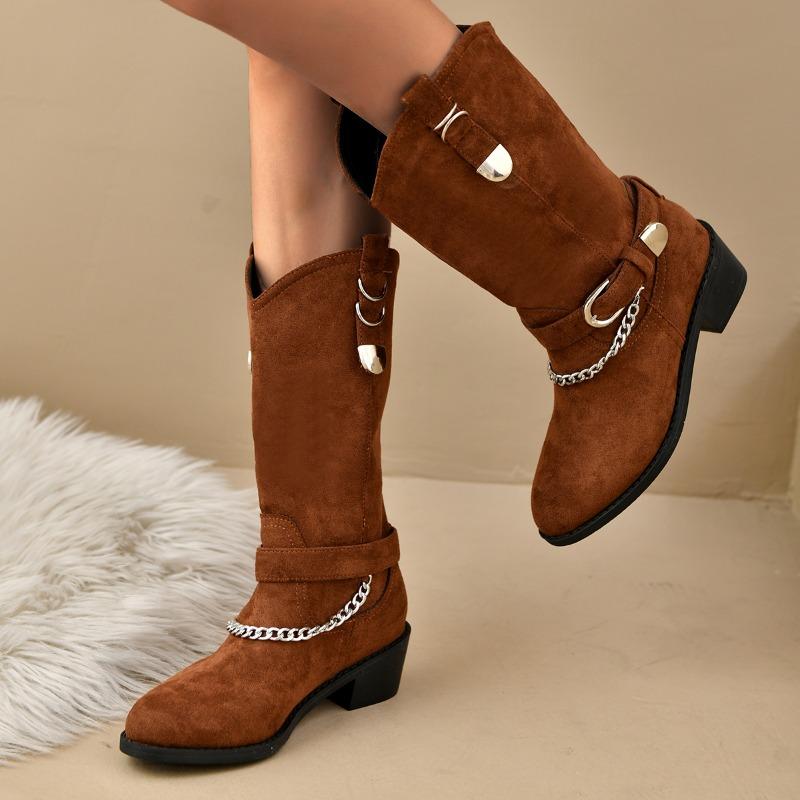 Fashion Women's Winter Rough-heeled Cotton Boots Pointed Bull Suede Sleeve Metal Chain Anti-slip and Anti-wear Rider Boots